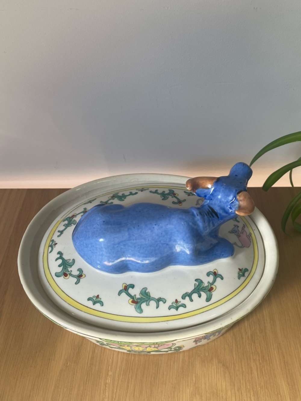 Rare Vintage Ceramic Blue Chinese Water Buffalo Ox Lidded Casserole Dish Tureen - Picture 13 of 14
